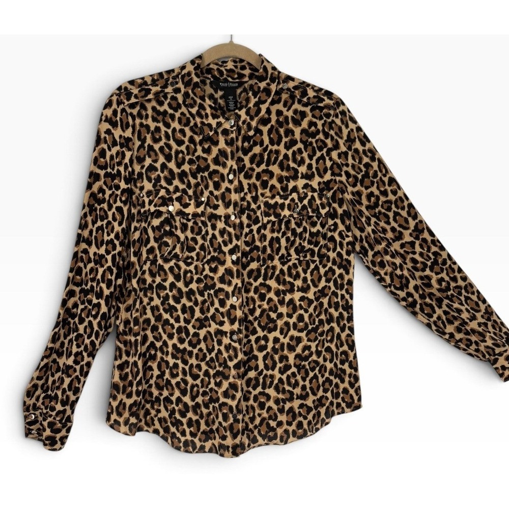 White House Black Market Silk Button Down Women 16 Leopard Excellent Utility